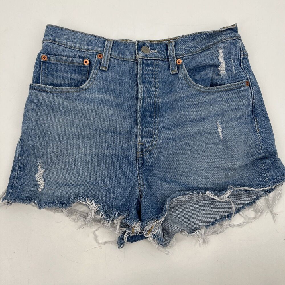 Levi's Premium Ribcage Short Size W30 Blue Distressed High Waist Medium Wash Mom